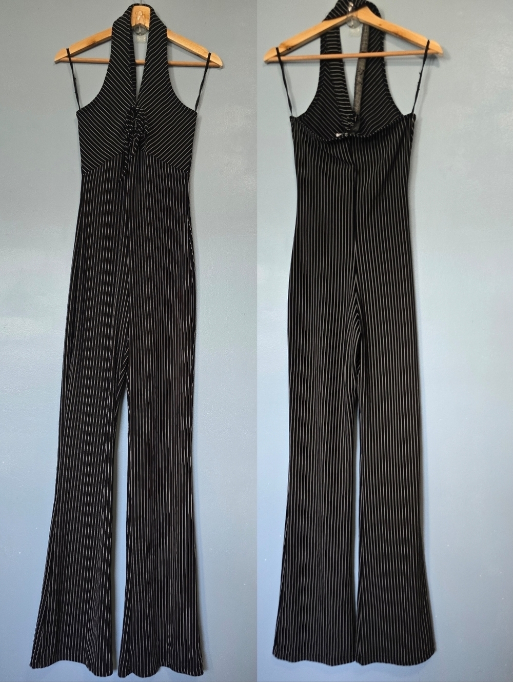 Vntg Chesley Black Pinstripe Wide-Leg Halter Jumpsuit S - Picture 1 of 7